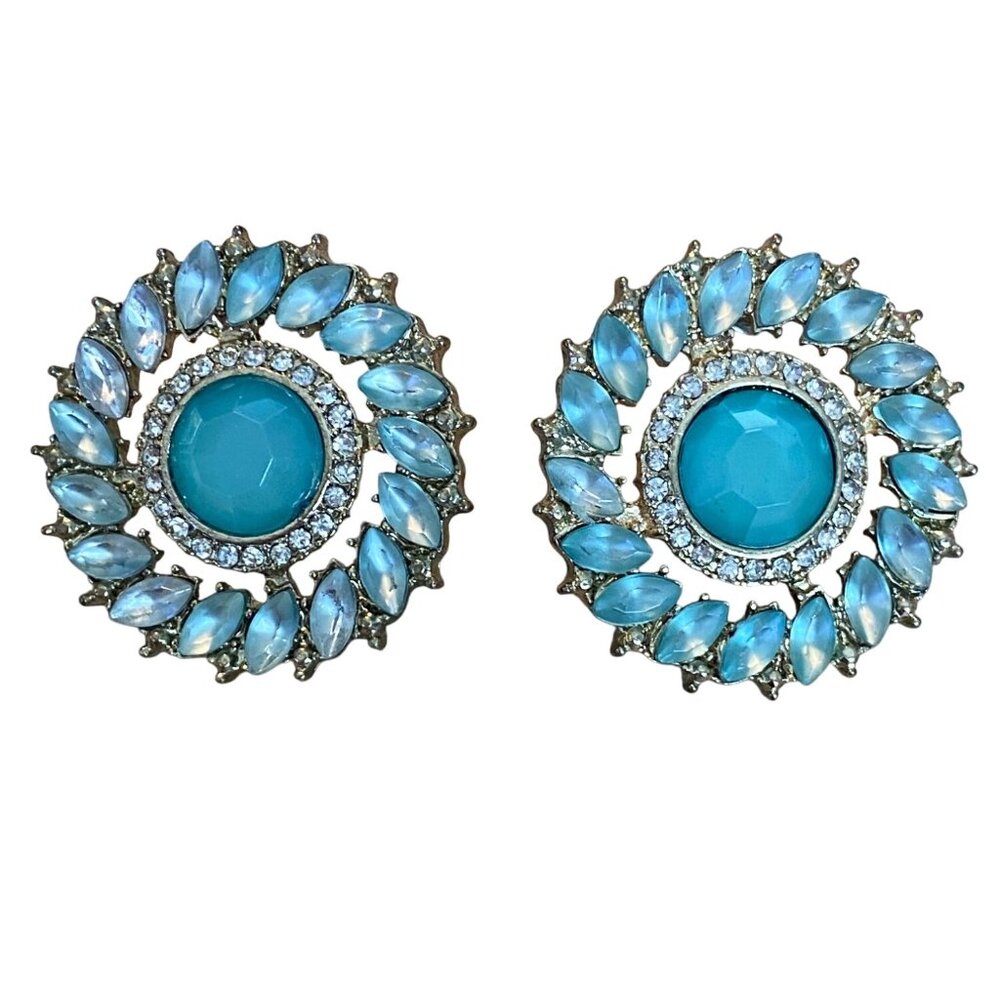 Vintage Style Silver & Blue Rhinestone Clip-On Earrings With Turquoise Marquise